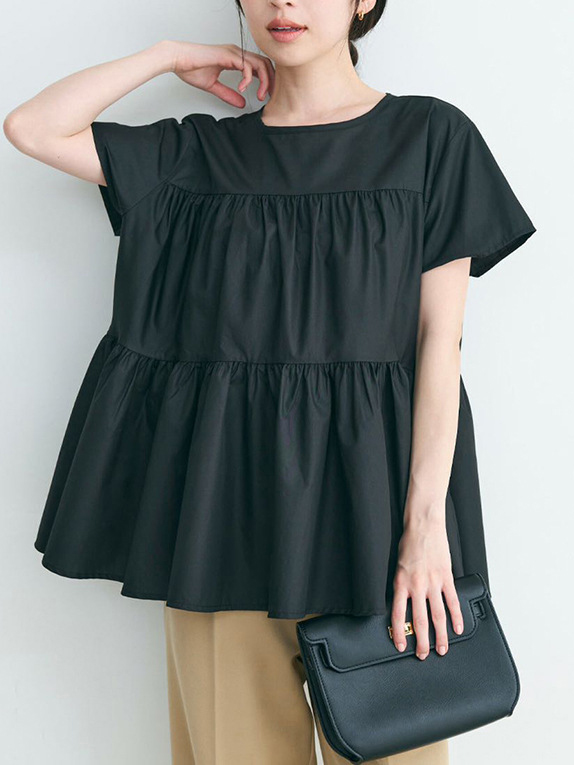 Double Layer Pleated Round Neck Short Sleeve Loose Top