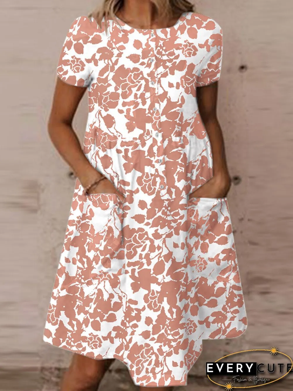 Random Allover Leaves Print Pocket Short Sleeve Button Dress