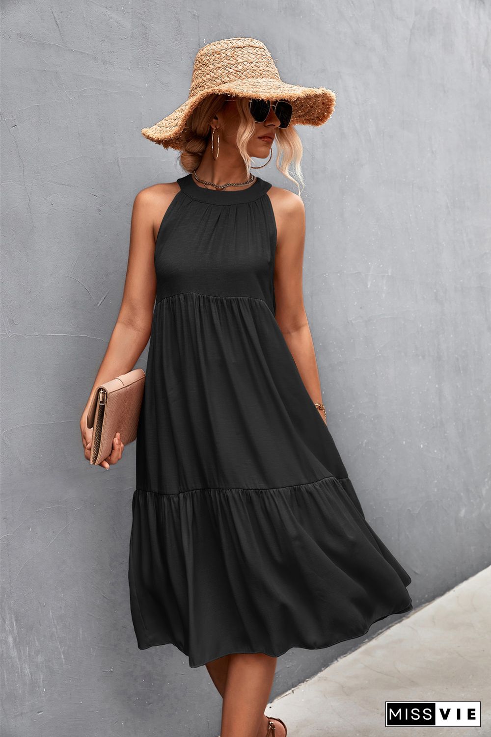 Elegant Sexy Dress Women Summer Dresses New Casual Loose Beach High Waist Solid Sleeveless A-line Midi O-neck Halter Dress