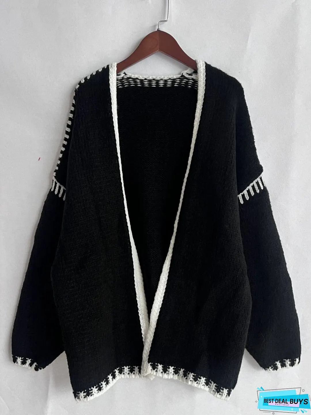 Double Take Contrast Open Front Dropped Shoulder Cardigan