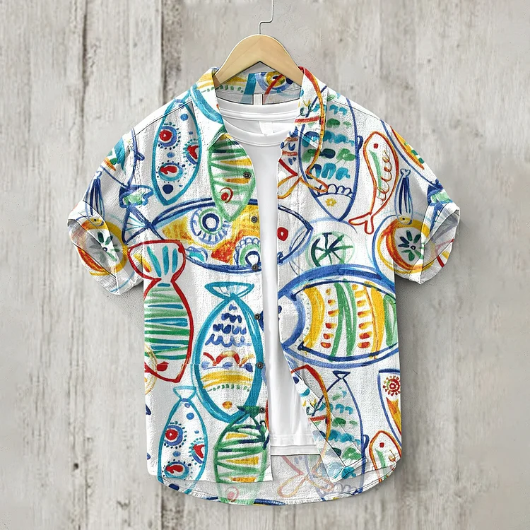 Vintage Japanese  Fish Art Linen Blend Comfy Shirt