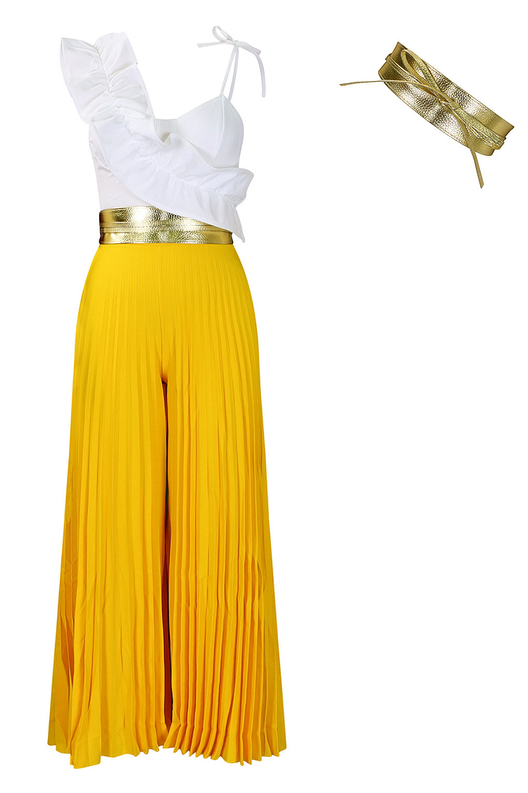 Ruffled V Neck Cami Colorblock Pleated Wide Leg Pants 2pcs Set-Yellow