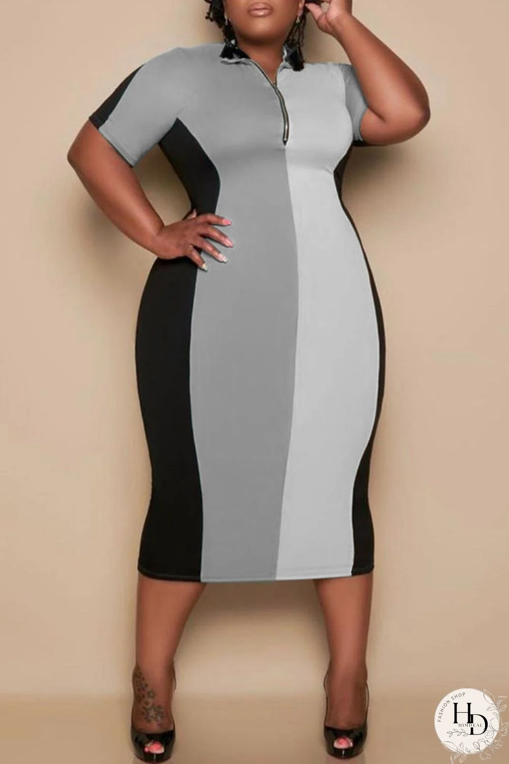 Light Gray Fashion Casual Plus Size Striped Basic Zipper Collar Short Sleeve Dress