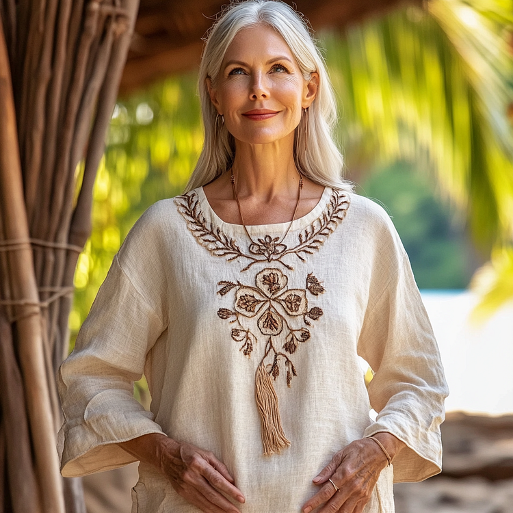 Women's Vintage Bohemian Floral Cotton And Linen Crew Neck Shirt