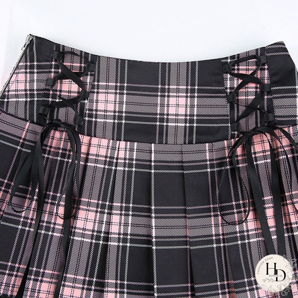 Summer New Lace Gothic Woman Skirts Pink Stripe Plaid Trim Pleated Skirt Punk Dark
