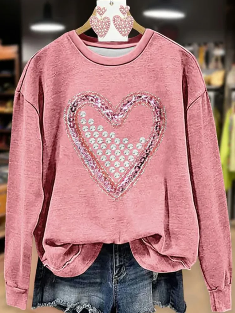 Women'S Glitter Heart Print Round Neck Sweatshirt