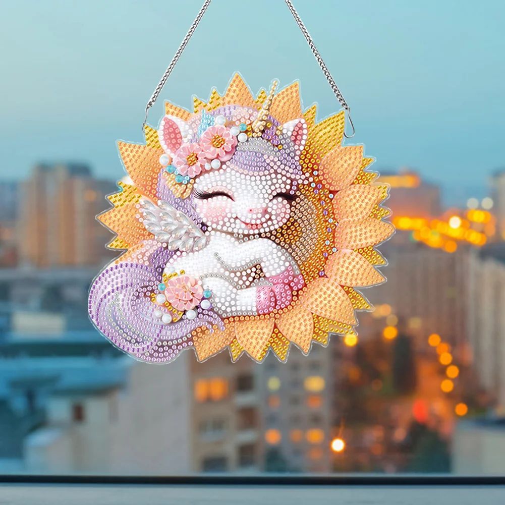 Single-Side Unicorn Diamond Art Hanging Pendant for Office Decor (Sunflower)