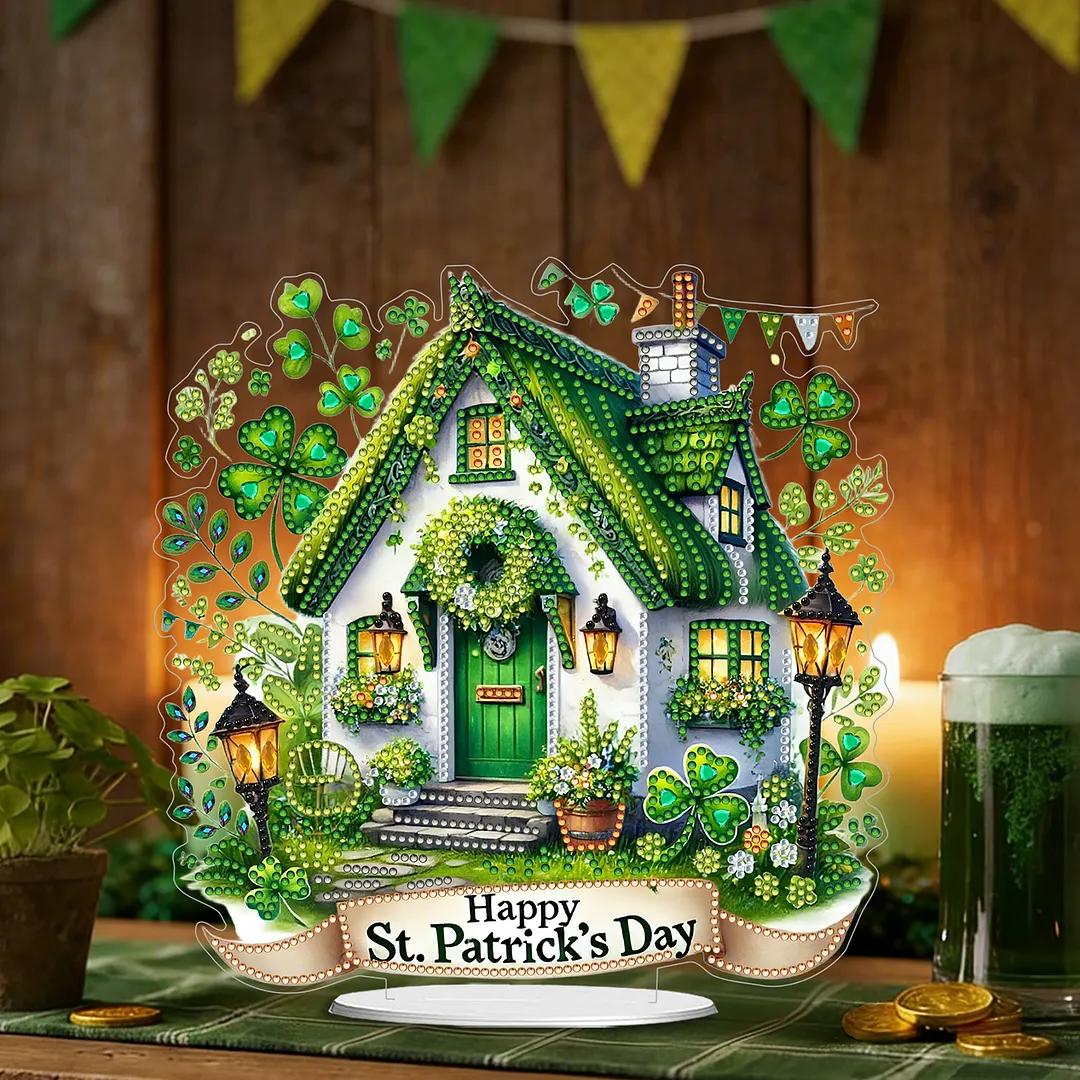 2D Flat DIY St Patricks Day Hut Diamond Painting Tabletop Ornaments Kit Special Shape Crystal Art Craft Decoration Single Side Drill for Living Room Home Office