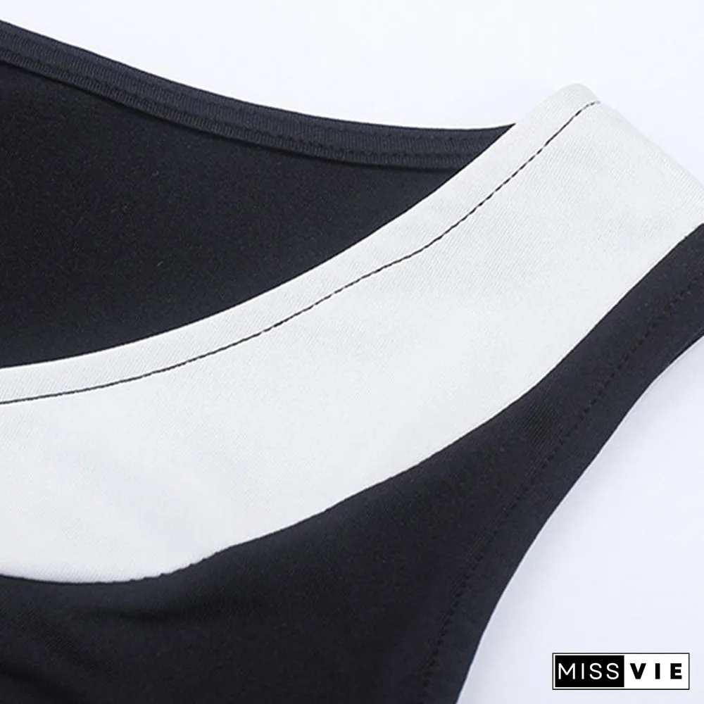 V-Neck Summer Womens O-Neck Sleeveless Black and White Patchwork Party Mini Dress Bodycon