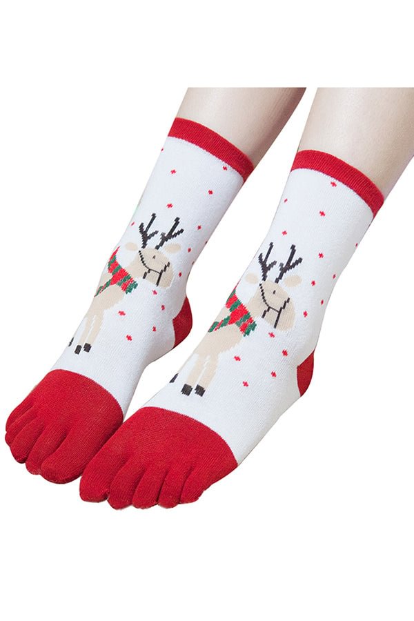 Cute Reindeer Print Color Block Christmas Toe Socks White-elleschic