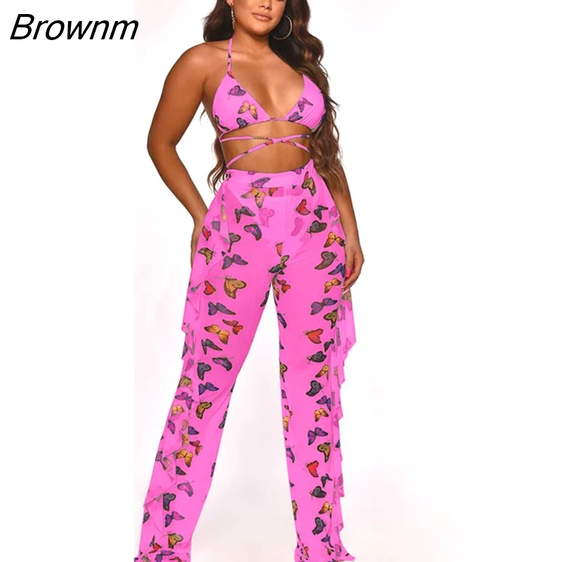 Brownm Tie Dye Print Mesh Summer Beach Two Piece Set with Panties Women Sexy Bra Halter Crop Top Ruffle Wide Leg Pants Suit