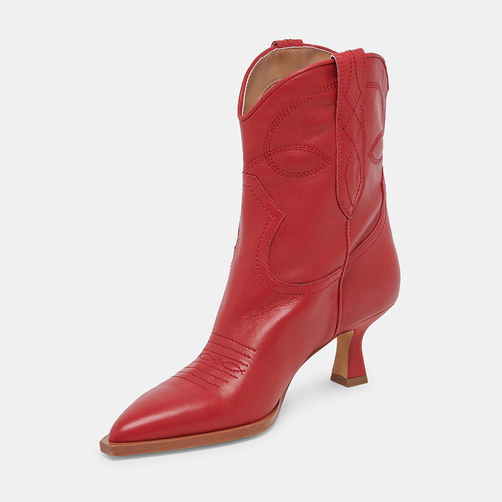 Pointed Toe Kitten Heel Stitching Pull-On Ankle Booties in Red