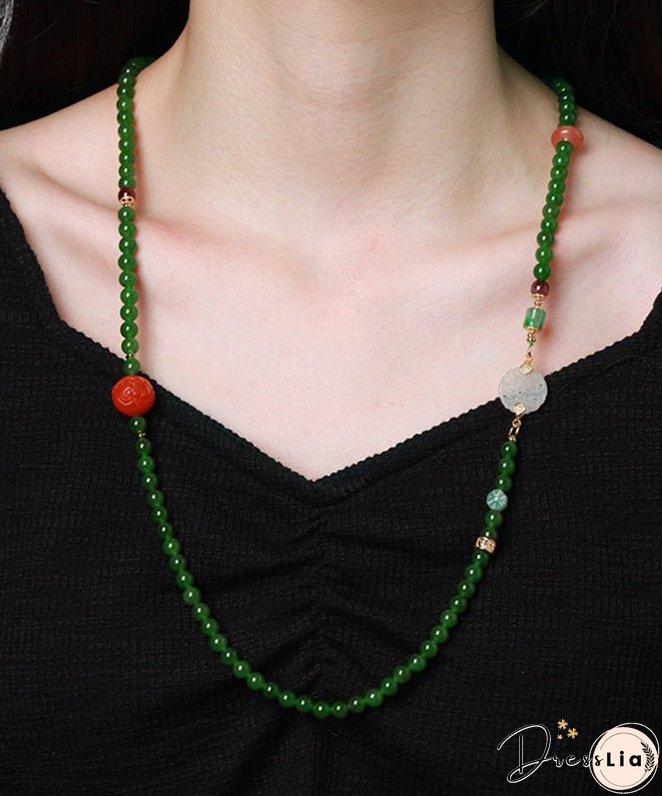 Vintage Green Sterling Silver Overgild Agate Jade Ping Buckle Pendant Necklace