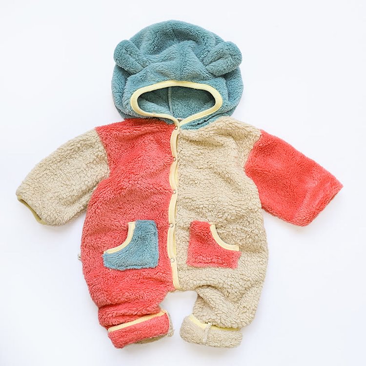 Baby Color Block Fleece Hooded Romper
