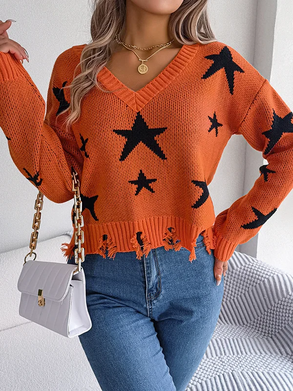 Split-Joint Fringed Contrast Color Loose Long Sleeves V-Neck Sweater Tops