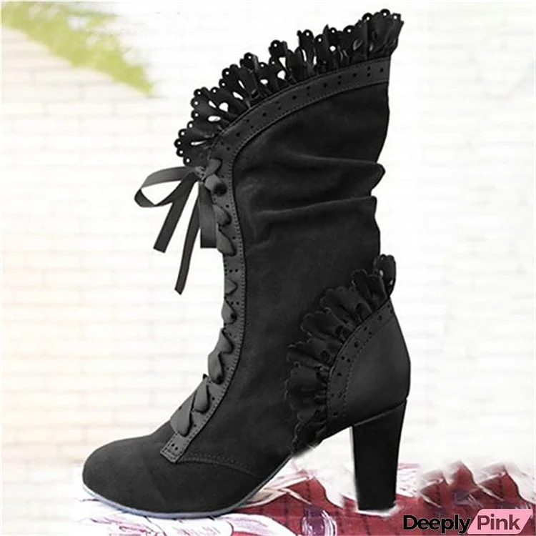 Lace-Up Retro High Heel Boots For Women