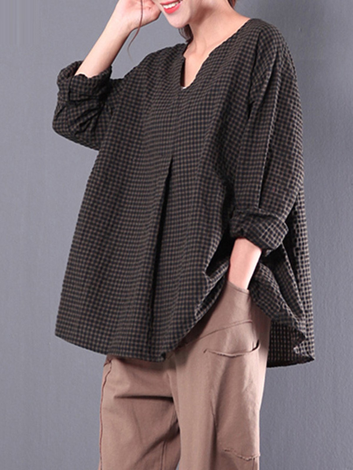 Casual Cotton 3/4 Sleeve Gingham Linen Blouse