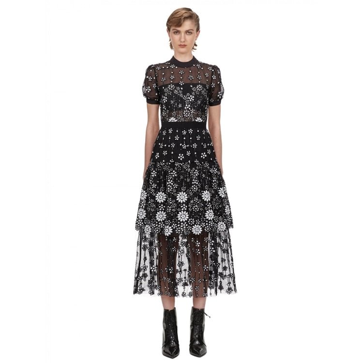 New Self Portrait Vantage Dress 2020 Summer Design Black Mesh Embroidered Flowers Midi Dress O-Neck Short Sleeve For Women