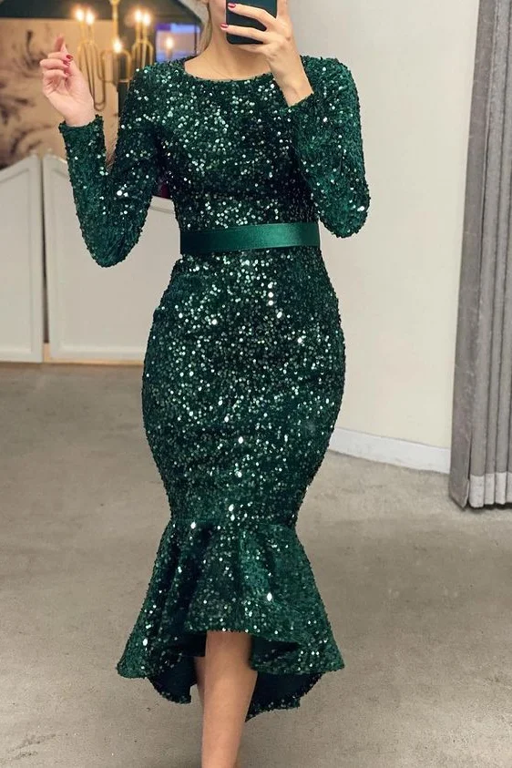 Luluslly Emerlad Green Long Sleevs Evening Dress Mermaid Sequins