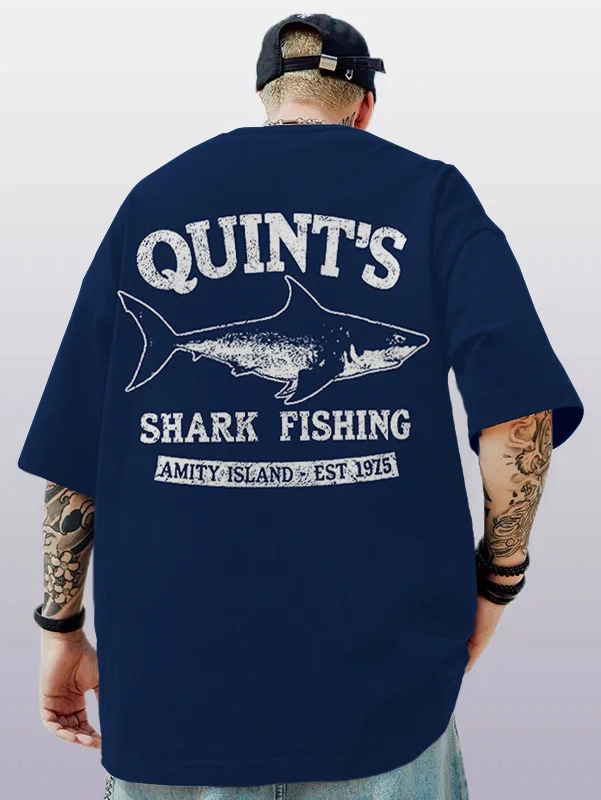 Men's Quint's Shark Fishing Print Casual T-Shirt