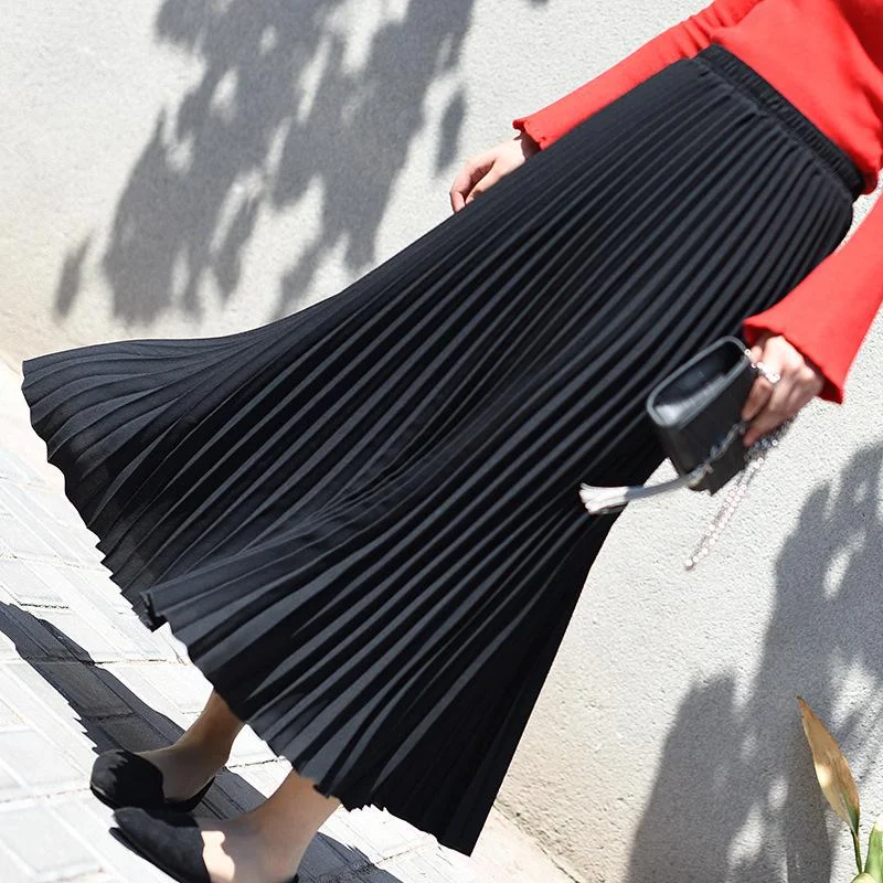 Womens Vintage Pleated Midi Long Skirt Female Korean Casual High Waist Chiffon Skirts Jupe Faldas Autumn