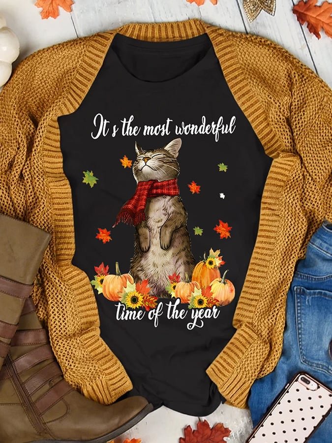 Women's It's The Most Wonderful Time Of The Year Fall Cat Print Casual T-Shirt