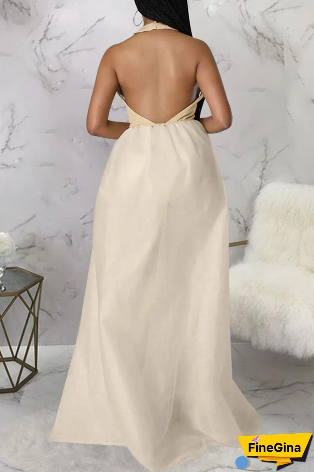 Apricot Sexy Solid Patchwork Backless V Neck Straight Jumpsuits