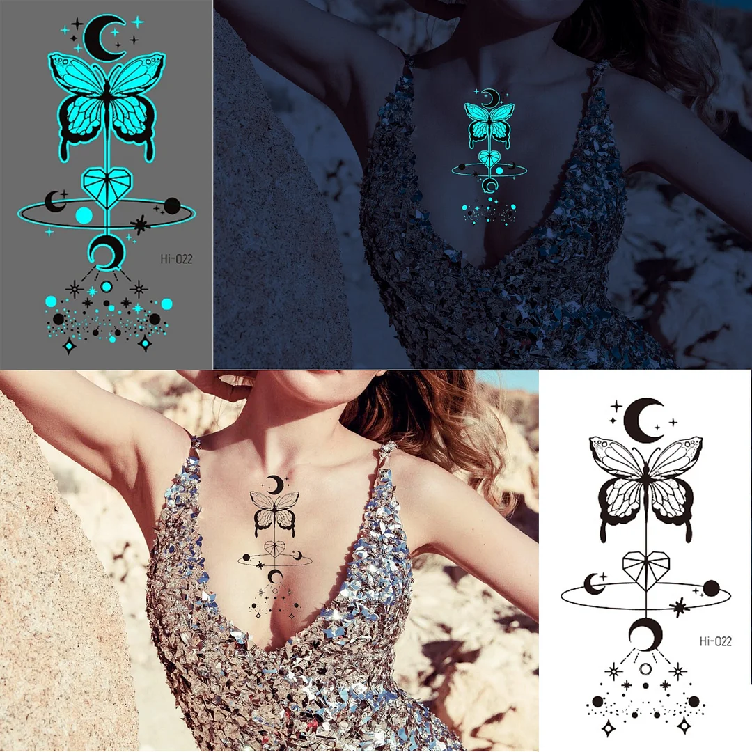 Sdrawing Glowing Butterfly Sea Waves Temporary Tattoos For Women Men Glow In The Dark Glitter Feather Fake Tattoo Sticker Luminous