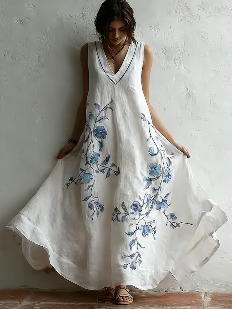 Retro Blue Floral Embroidery Pattern Sleeveless Dress elevenforest