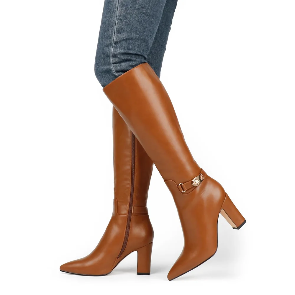 3.35" Women's Knee Boots Block Chunky Heels Zipper Fashion Sexy Boot-MERUMOTE