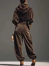 Vintage brown velvet hoodie and loose-fitting trousers set（Includes belt）