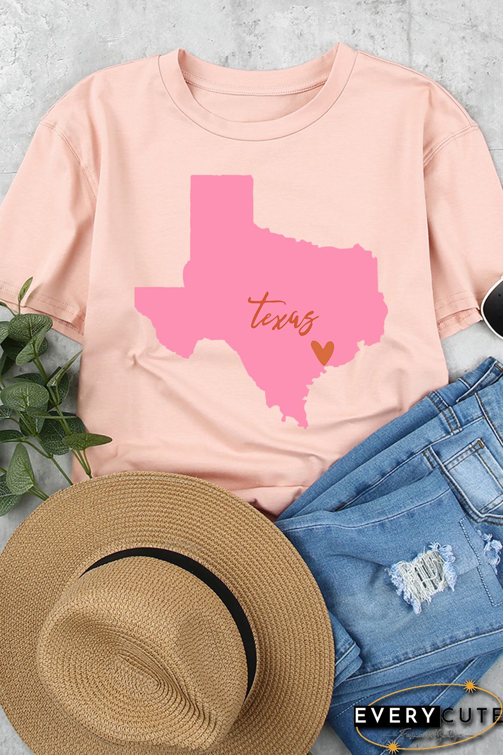 Pink Texas Map Graphic Print Crew Neck T Shirt