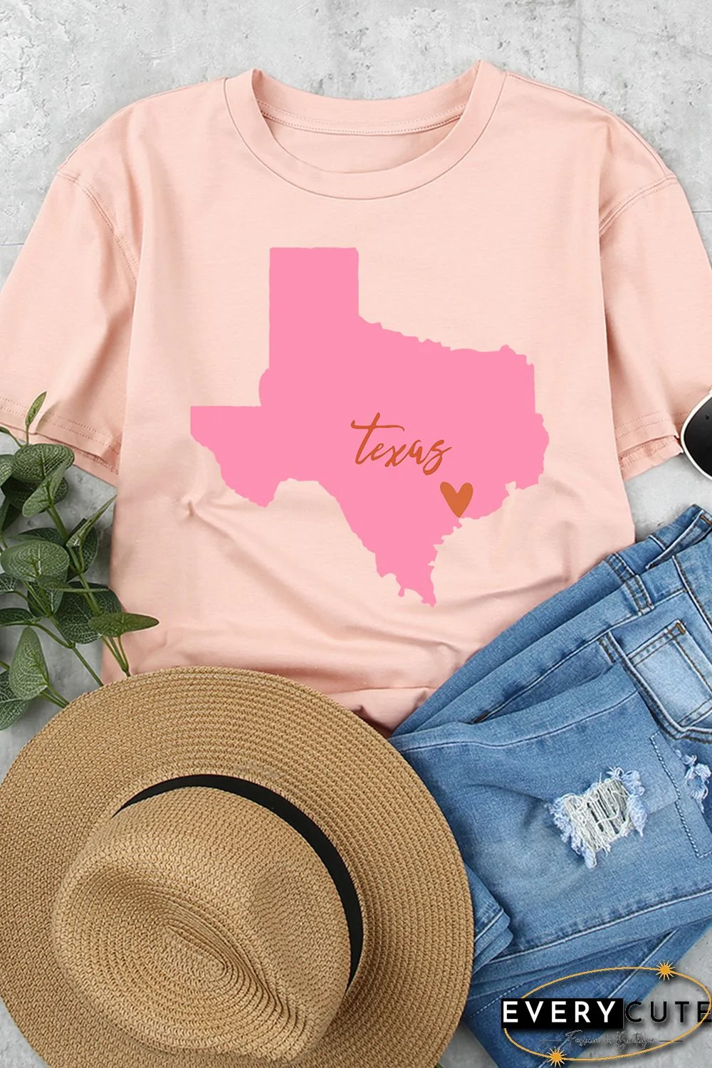 Pink Texas Map Graphic Print Crew Neck T Shirt