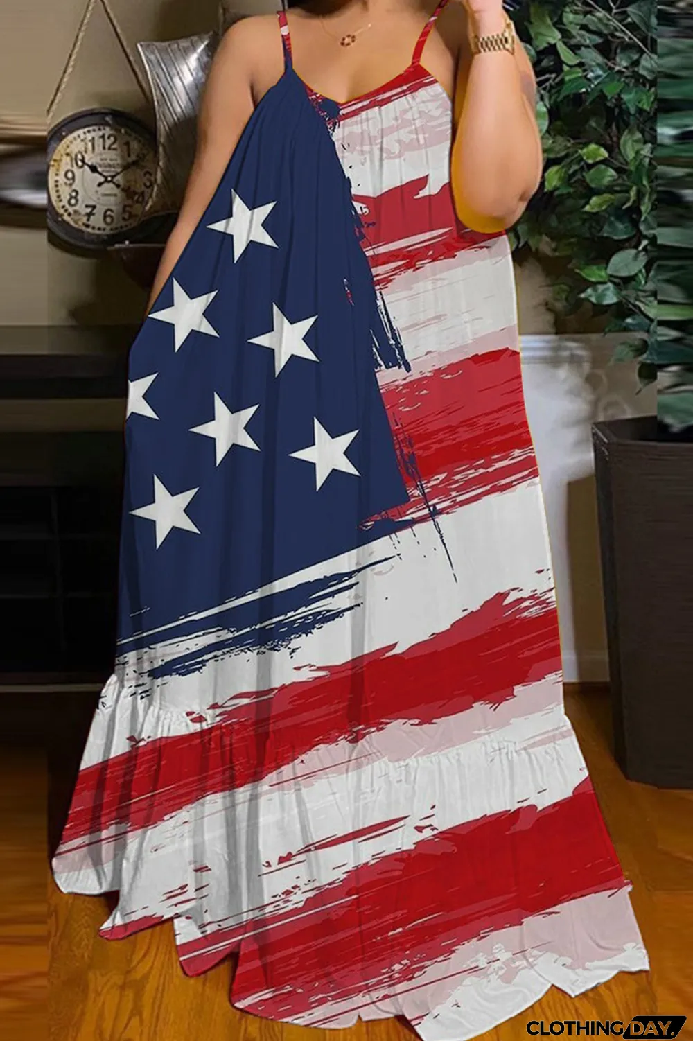 Blue Red Fashion Casual Print Backless Spaghetti Strap Long Dress