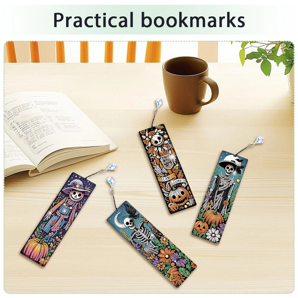 4Pcs Halloween Pumpkin Skull Themed DIY Diamond Painting Bookmark for Book Lover