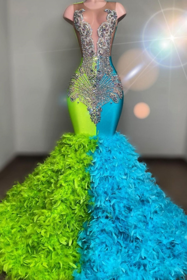 Bellasprom Mix Color Mermaid Prom Dress Sleeveless Long With Feathers Bellasprom
