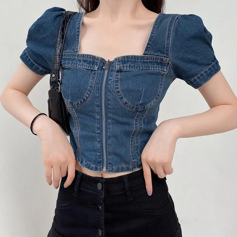 Denim Square Collar Women T-shirt Short Puff Sleeve Zipper Blue Crop Top Lace Up Slim Fit Beauty Back Summer Top WQ09