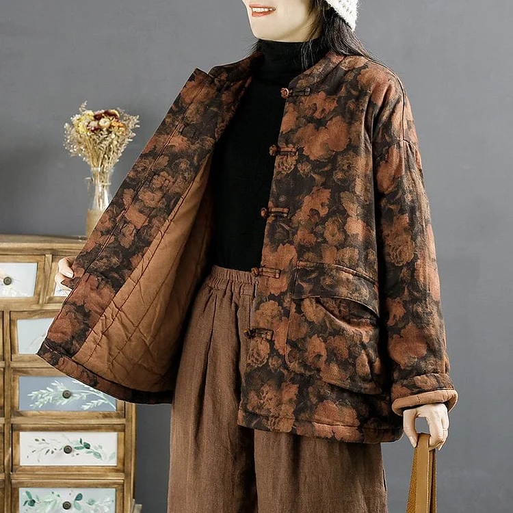 Winter Retro Floral Cotton Linen Quilted Coat Plus Size