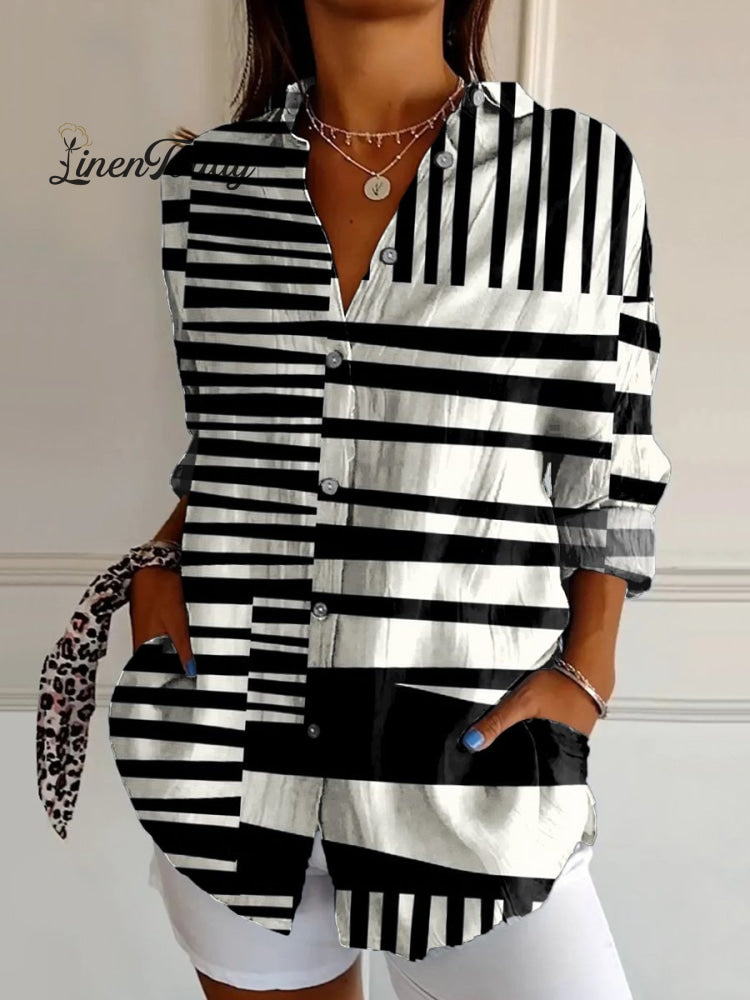 Women&rsquo;s Black And White Abstract Stripes Print Casual Cotton Shirt Multicolor / S