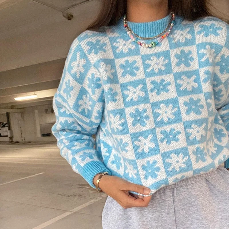 HEYounGIRL  Vintage Elegant Y2K Floral Knitted Sweater Women Autumn Winter Cute Jumpers Ladies Long Sleeve Pullover Knitwear 90s