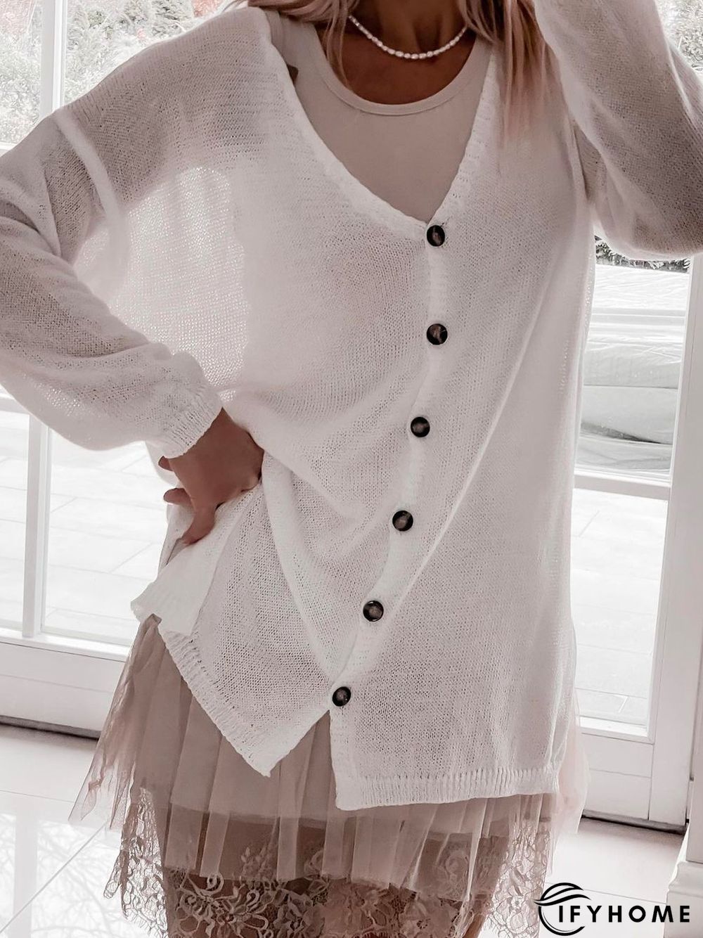 Women's Sweater Coat Button Plain Causal Vacation long Length Sleeve Yarn/Wool Yarn V Neck Regular Fall | IFYHOME