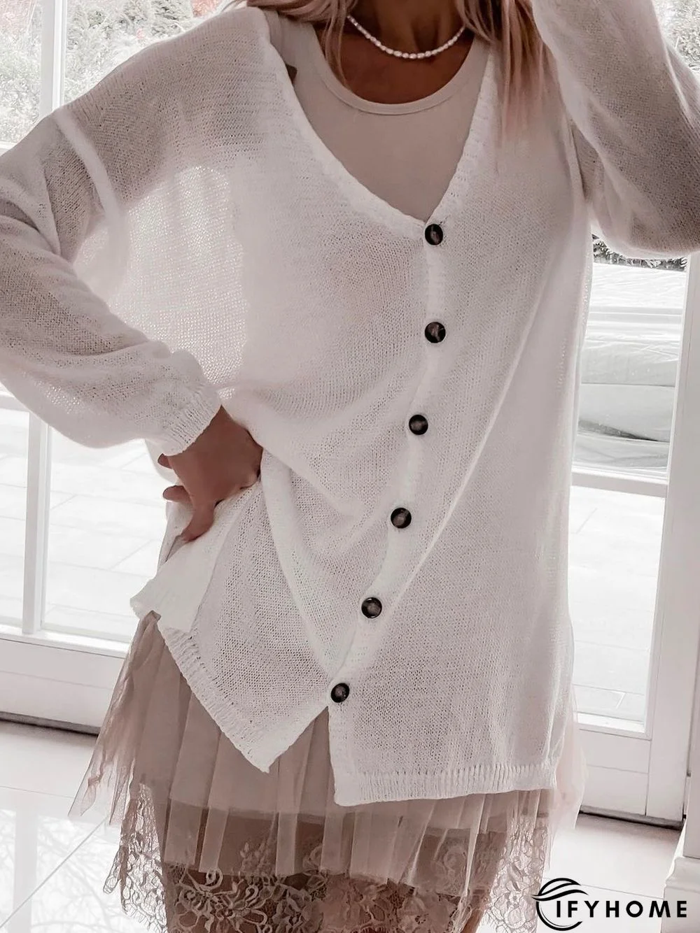 Women's Sweater Coat Button Plain Causal Vacation long Length Sleeve Yarn/Wool Yarn V Neck Regular Fall | IFYHOME