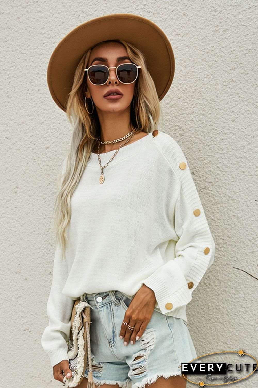 White Crew Neck Buttons Drop Shoulder Pullover Sweater