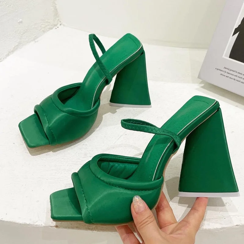 Eilyken Silk Green high heels Sandals Fashion Open Toe Triangle Square Heels Back Strap Women Sandals Dress Shoes