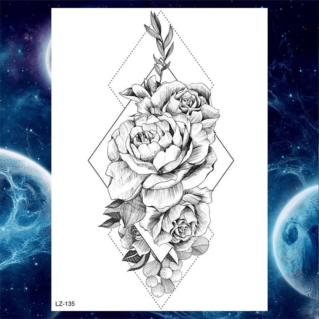 Large 3D Rose Flower Temporary Tattoos For Women Men Adults Death Skull Tattoo Sticker Peony Dahlia Black Fake Tatoos Forearm