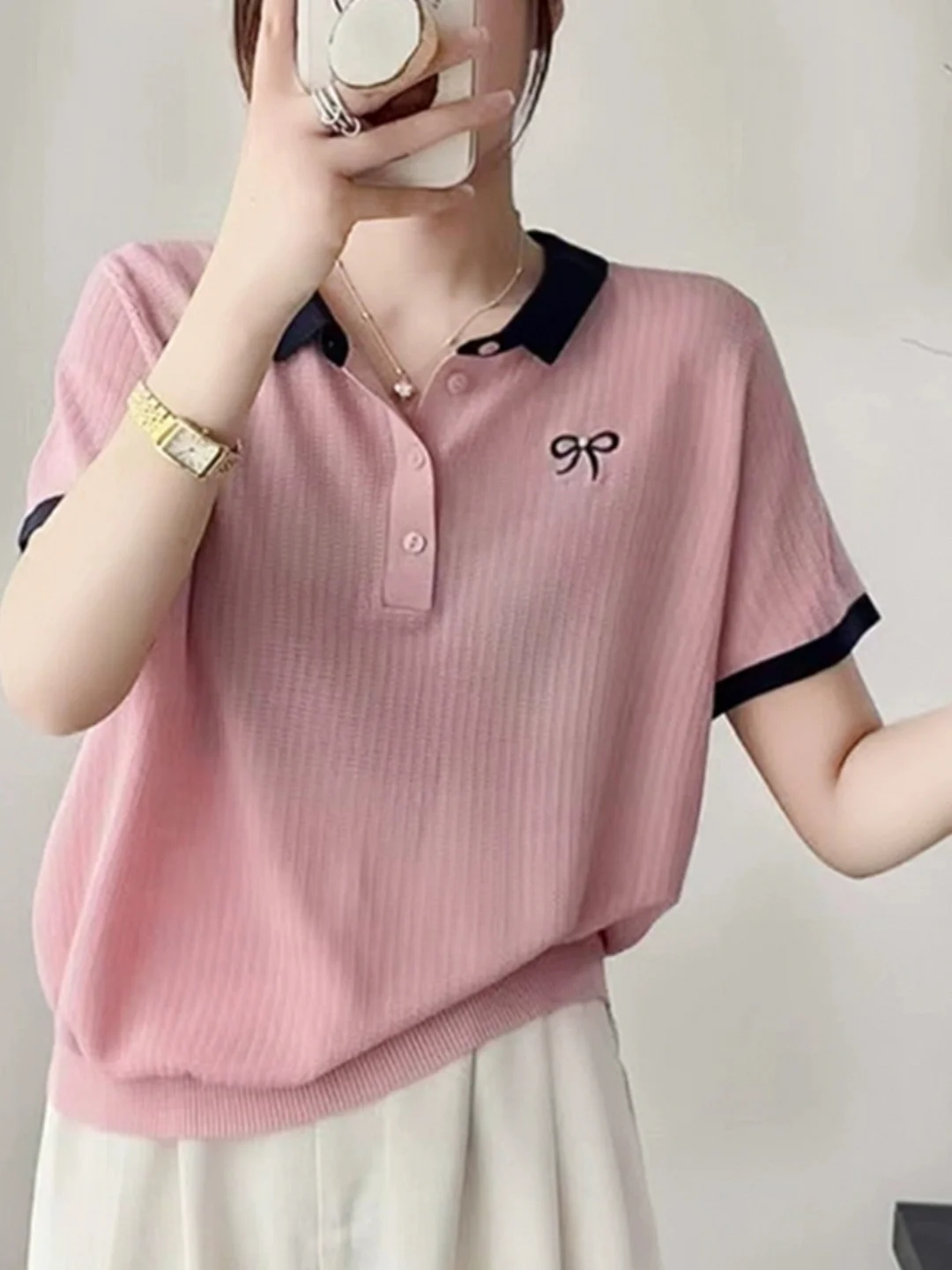 Athvotar Athvotar Collared Thorned Bow Embroidered Short-Sleeved T-Shirt Girl's Small Fragrant Wind Age Relaxed Temperament Ice Silk Knitted Shirt Tide