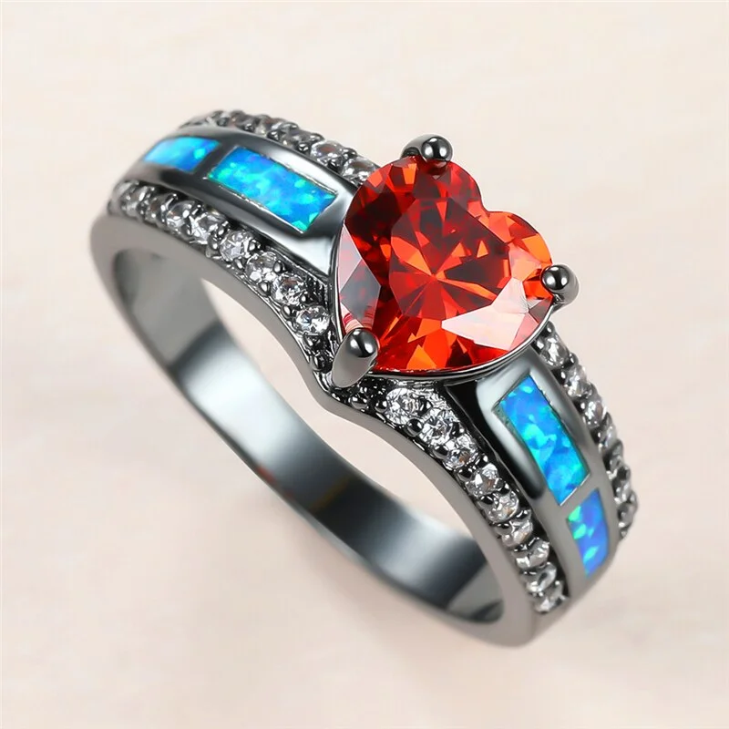 Dainty Female Red Heart Crystal Ring Charm 14KT Black Gold Big Wedding Rings For Women Luxury Bride Blue Opal Engagement Ring
