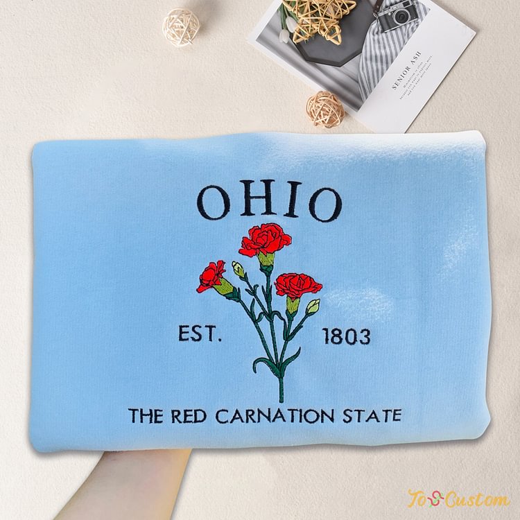 TOSCUSTOM™ Embroidered Ohio 1803 Red Carnation Flower State Sweatshirt Hoodie