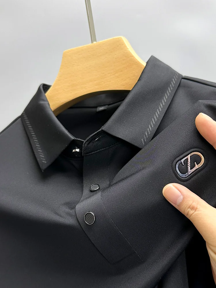 2023 Summer ice silk seamless breathable short-sleeved T-shirt Men's lapel fashion embroidery Paul polo shirt Men's casual top