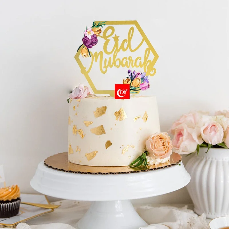 Eid Mubarak Cake Topper Gold Acrylic Cupcake Topper for Hajj Ramadan Mubarak Kareem Cake Decorations Muslim Baking Cake Supplies